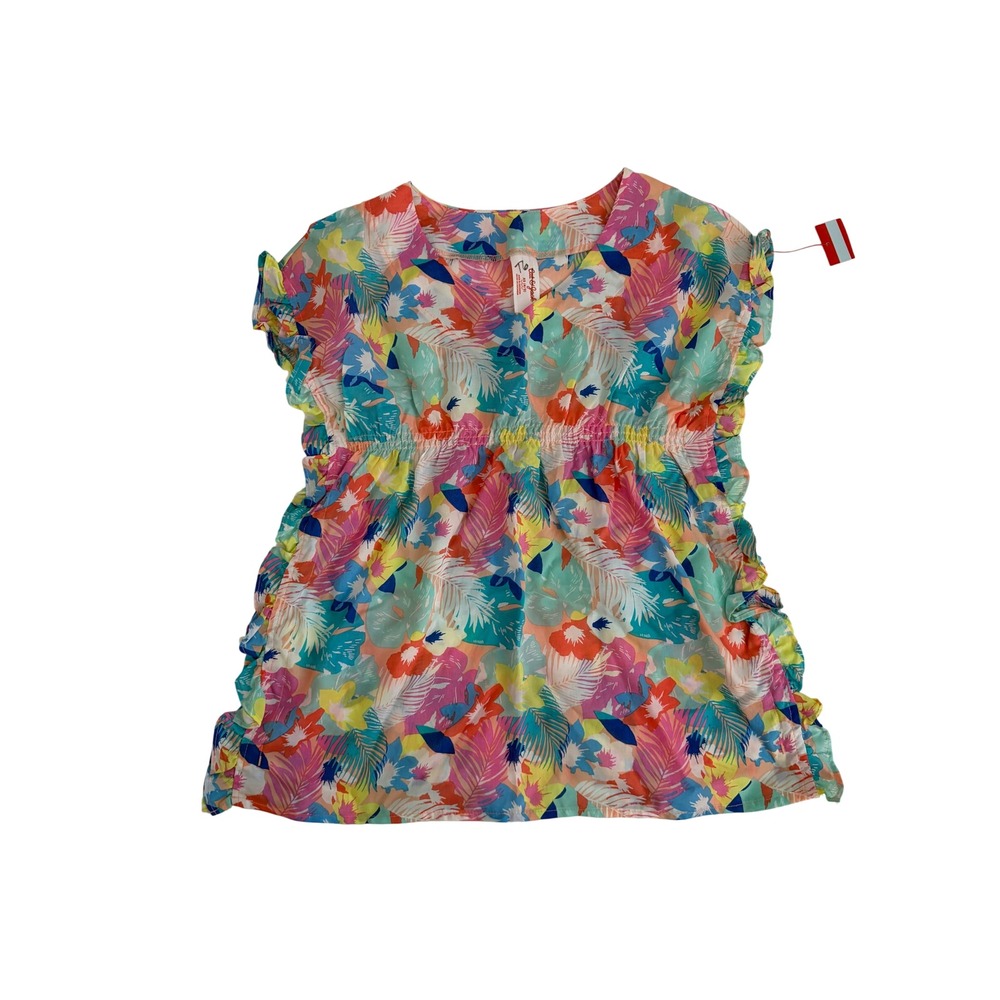 Cat & Jack Kids Tropical Floral Swim Cover Up Top XS 4/5 Pink Blue Ruffle Trim
